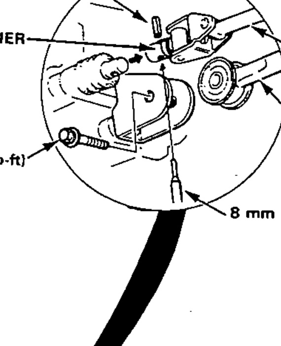Close-up of the shift linkage showing the spring pin (replace), pin retainer, shift rod and shift lever torque rod, driven out with an 8 mm pin punch.