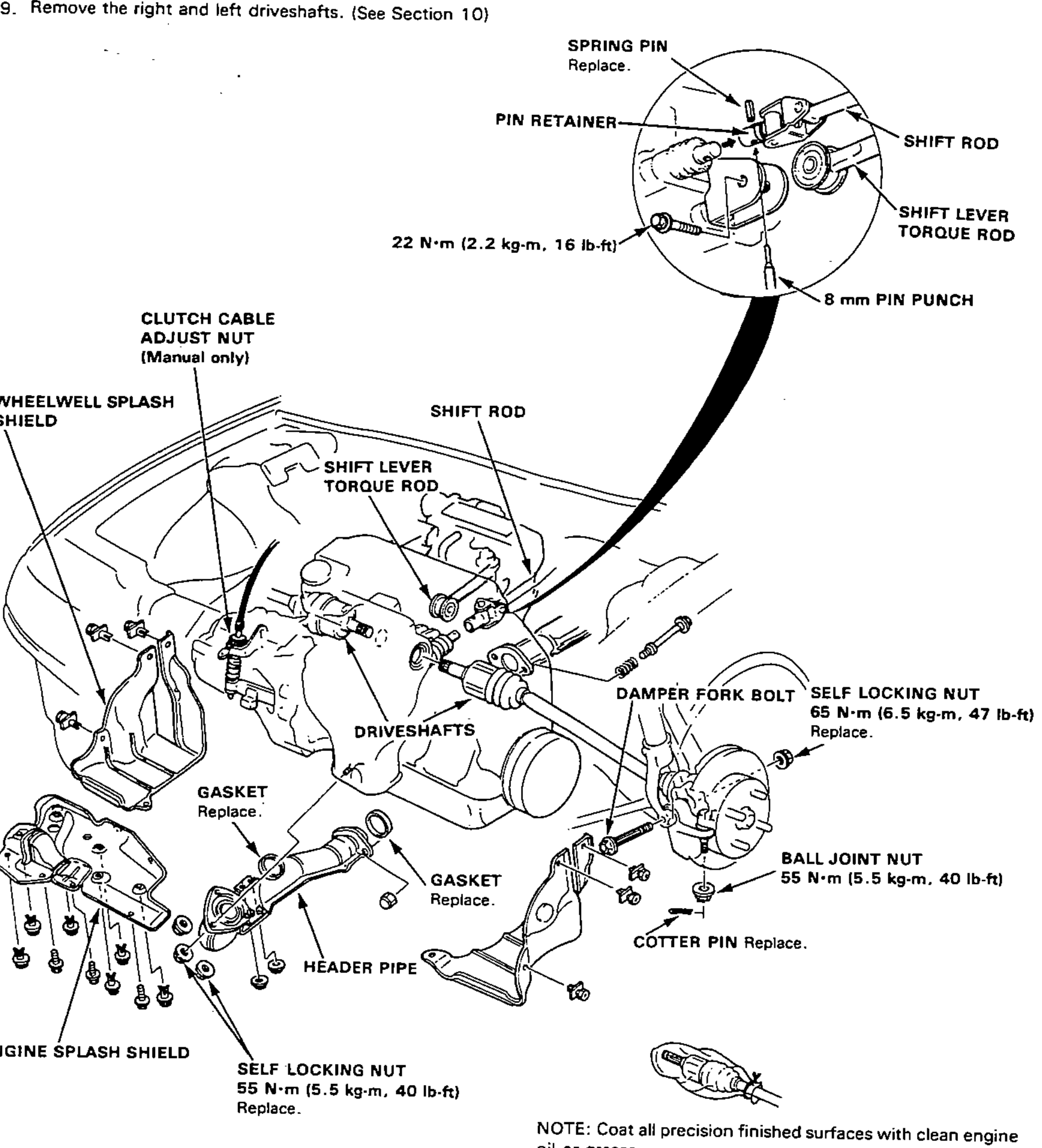 Composite engine-removal view showing the clutch cable adjust nut (manual only), shift rod, shift lever torque rod, driveshafts, wheelwell splash shield, engine splash shield, header pipe with gaskets (replace), damper fork bolt, ball joint nut, cotter pin and self-locking nuts.