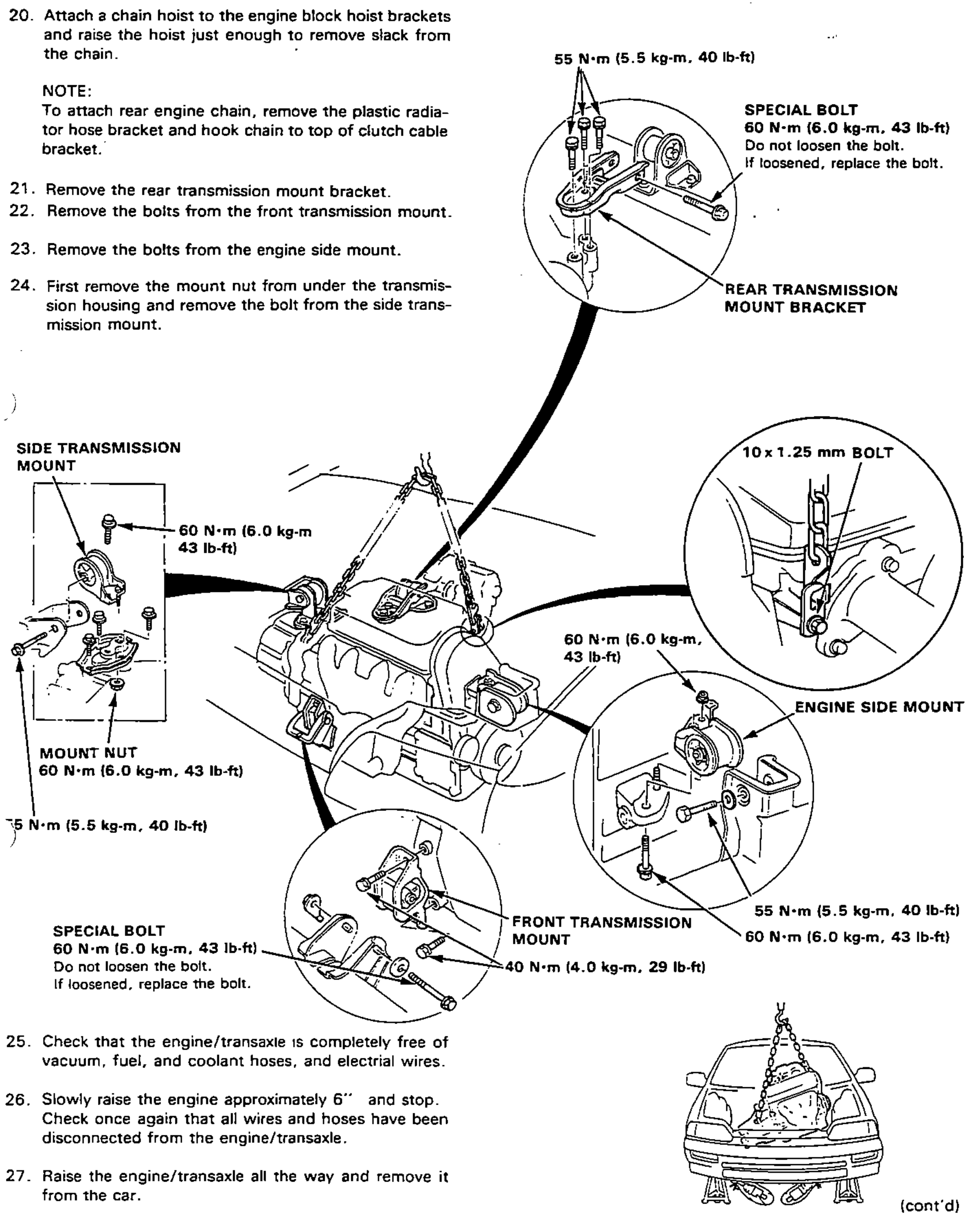 Composite engine/transaxle hoisting diagram with detail circles for the rear transmission mount bracket, side transmission mount, front transmission mount and engine side mount, plus the chain hoist attachment and a car-with-engine-lifted illustration. Mounting torques and special-bolt cautions are called out.