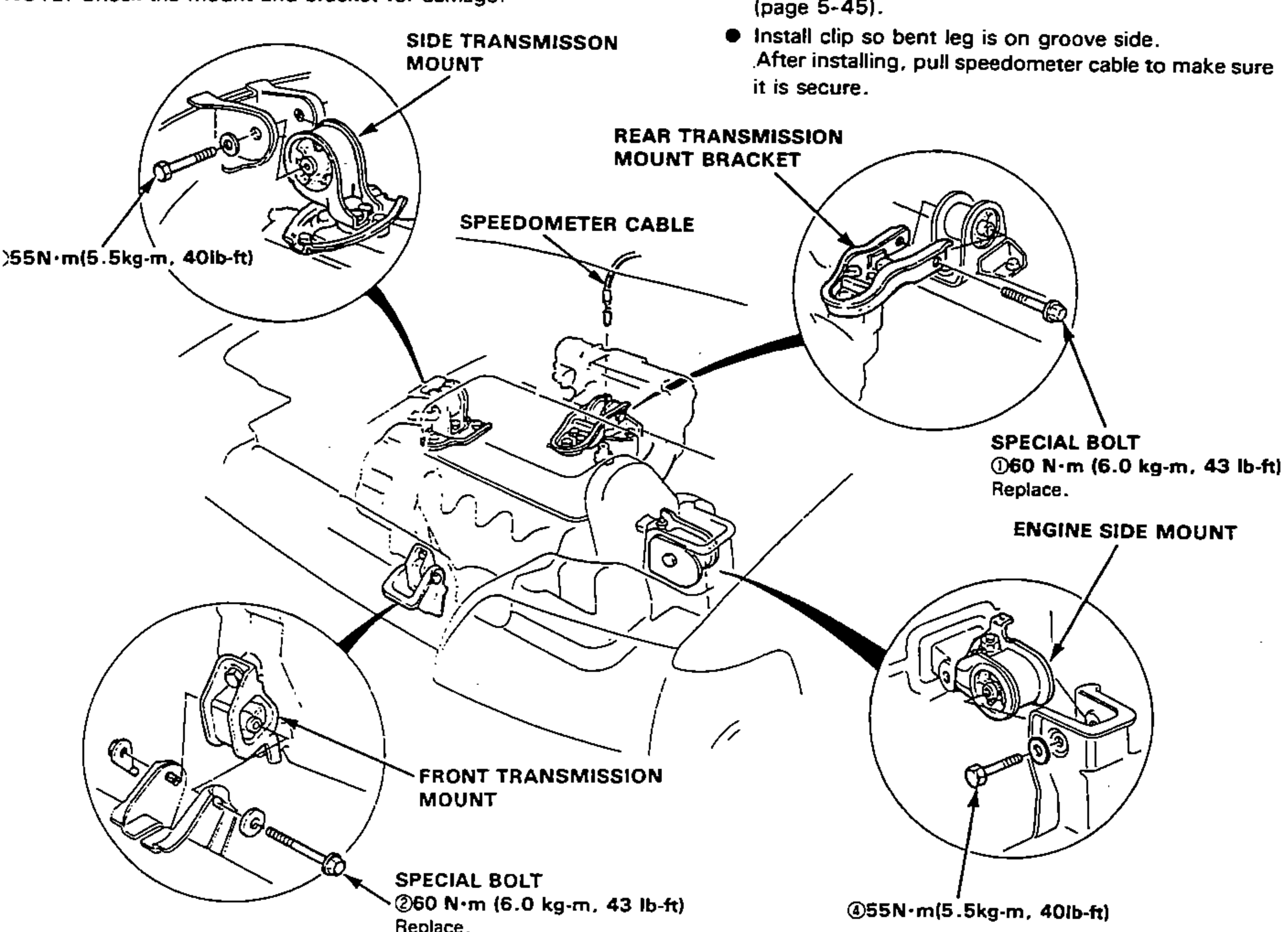 Engine mount torque sequence composite showing the side transmission mount, rear transmission mount bracket, front transmission mount, engine side mount and speedometer cable, with numbered tightening sequence and special-bolt torques.