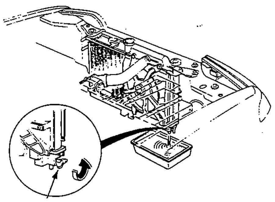 Engine bay view with an inset close-up showing the radiator drain plug being opened to drain coolant.