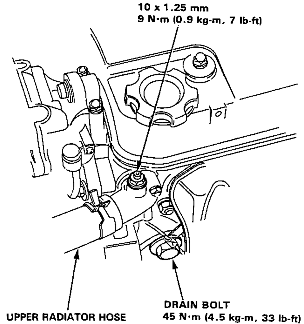Detail of the water outlet area showing the air bleed bolt, the drain bolt and the upper radiator hose with their tightening torques.