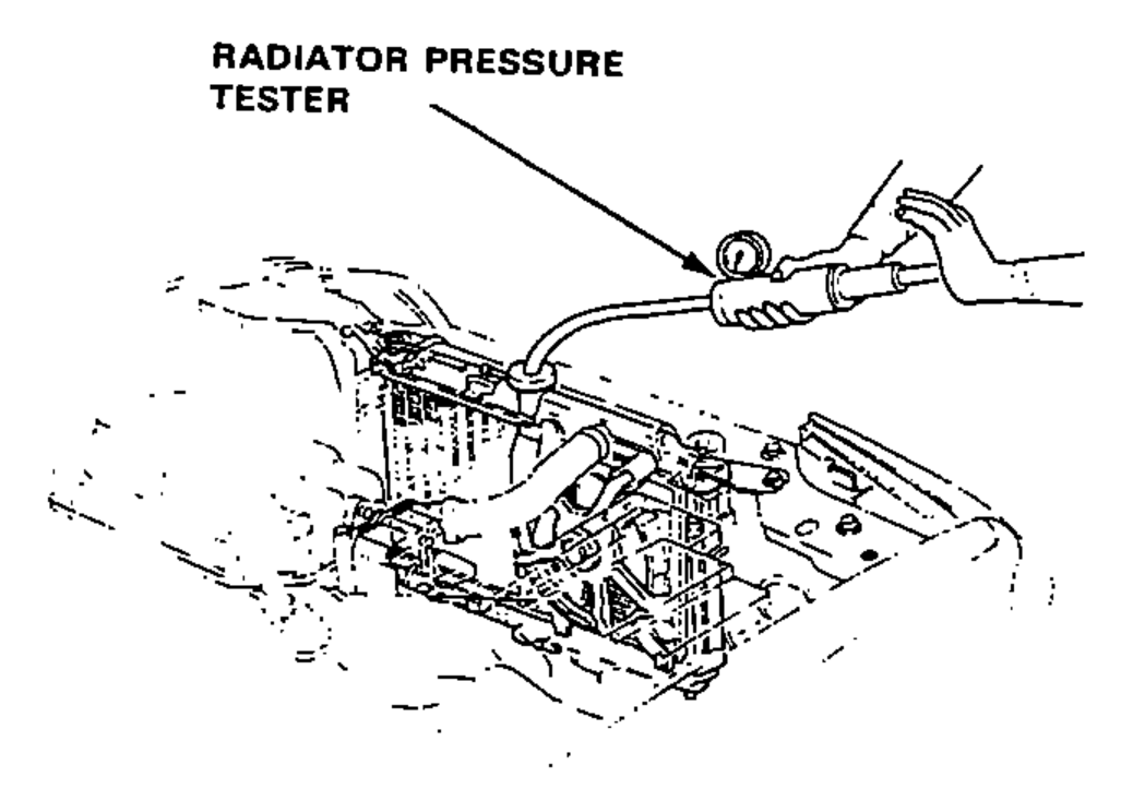 Radiator pressure tester attached to the radiator filler neck in the engine bay for the radiator leak/pressure test.