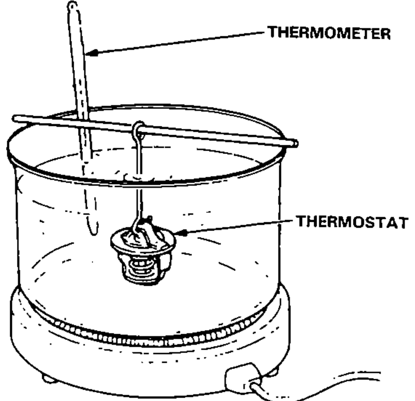 Thermostat testing setup: thermostat suspended in a container of water on a heat source, with a thermometer also suspended in the water.