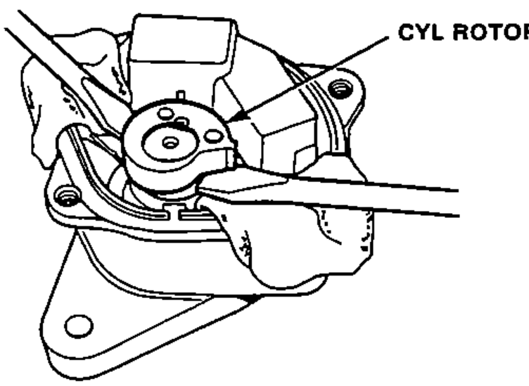 Prying up the CYL rotor with two screwdrivers; the CYL ROTOR is identified.