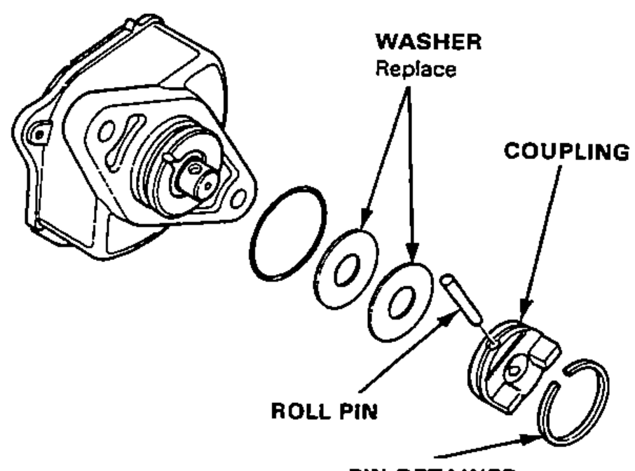 Exploded view of the rotor shaft area showing the washer, coupling, roll pin and pin retainer separated from the shaft.