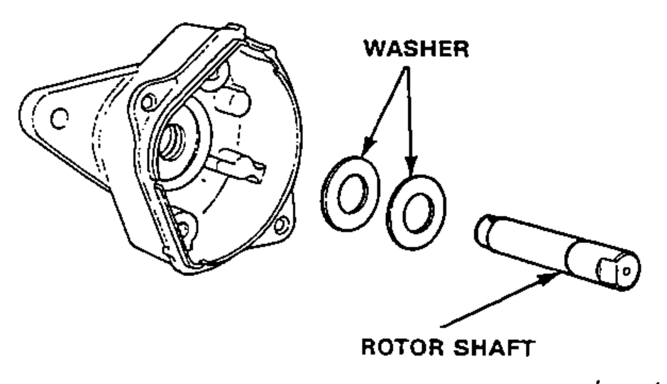 Removing the rotor shaft, with the washers and rotor shaft identified.