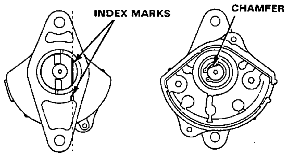 Two views of the coupling installation showing the index marks alignment and the chamfer orientation.