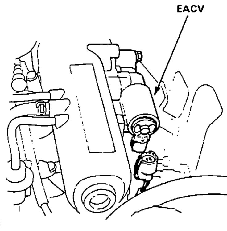Underhood view of the EACV with leader line pointing to its 2P connector to be disconnected.
