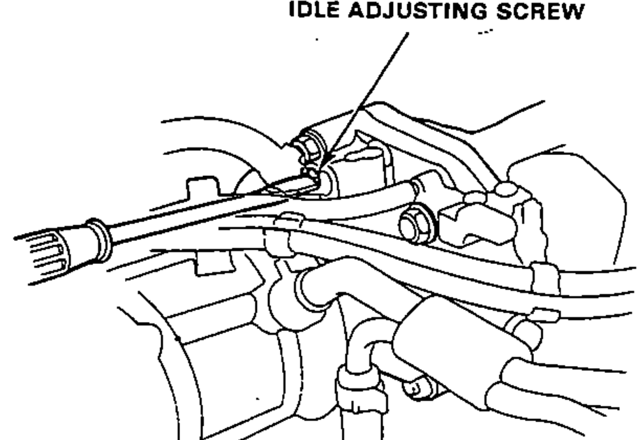 Underhood view of the throttle body area with leader line pointing to the idle adjusting screw.