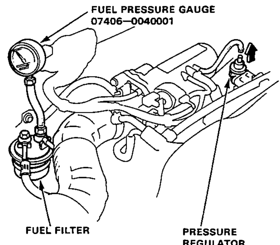 Fuel pressure gauge attached to the fuel filter service bolt; shows the fuel filter and the pressure regulator with its vacuum hose.