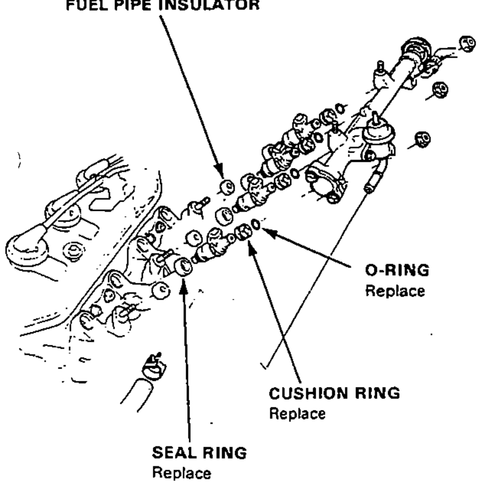 Exploded view of the fuel injectors mounted to the fuel pipe and intake manifold, showing the sealing components to be replaced.