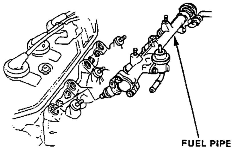 Illustration of the injectors and fuel pipe assembly installed in the intake manifold, with leader line to the FUEL PIPE.