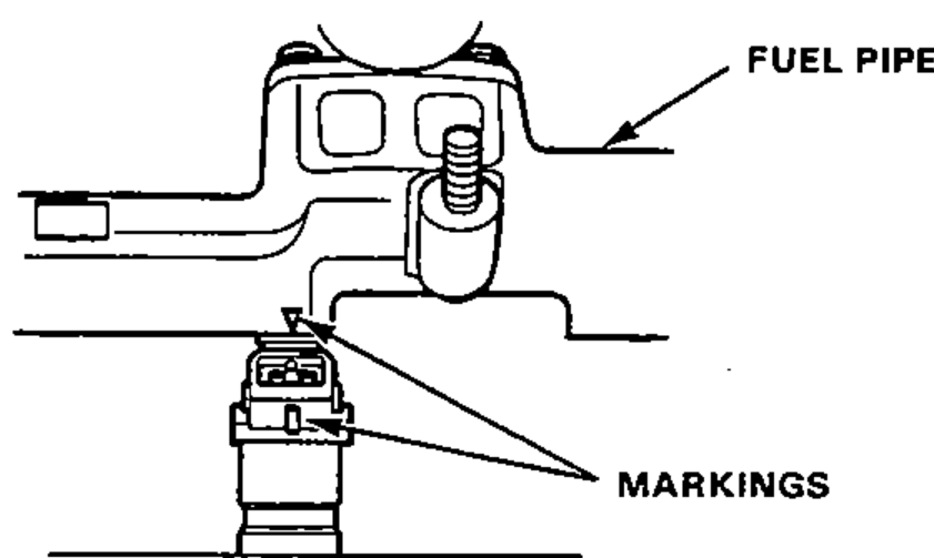 Detail showing alignment of the connector center line with the mark on the fuel pipe; leader lines to FUEL PIPE and MARKINGS.