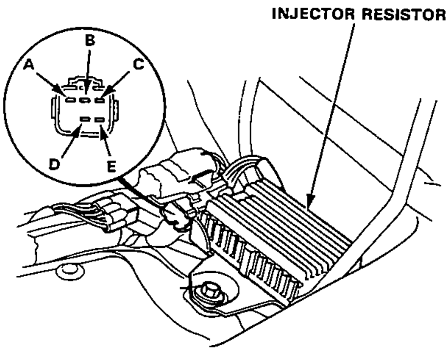 Illustration of the injector resistor mounted in the engine bay with a magnified inset of its connector showing terminals A, B, C, D and E.