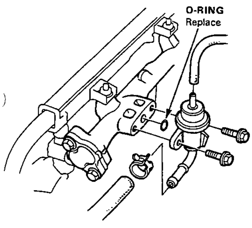 Illustration of the pressure regulator mounted to the fuel pipe with the O-ring called out for replacement.