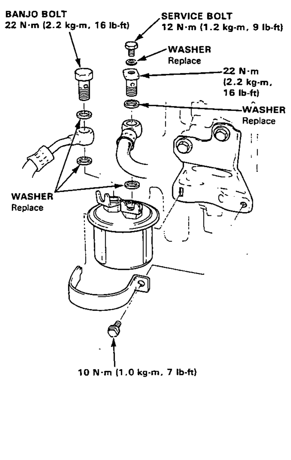 Exploded view of the fuel filter, banjo bolt, service bolt, washers and mounting clamp, with tightening-torque callouts.