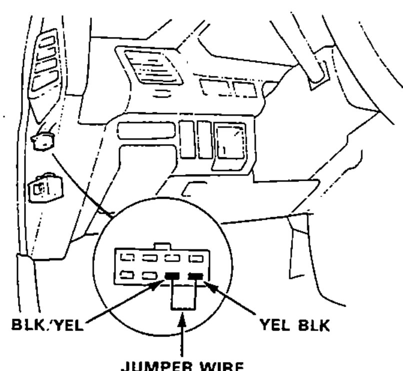 Illustration under the dash/cowl showing the main relay connector with a magnified inset of its terminals; a jumper wire bridges the BLK/YEL and YEL/BLK wires.