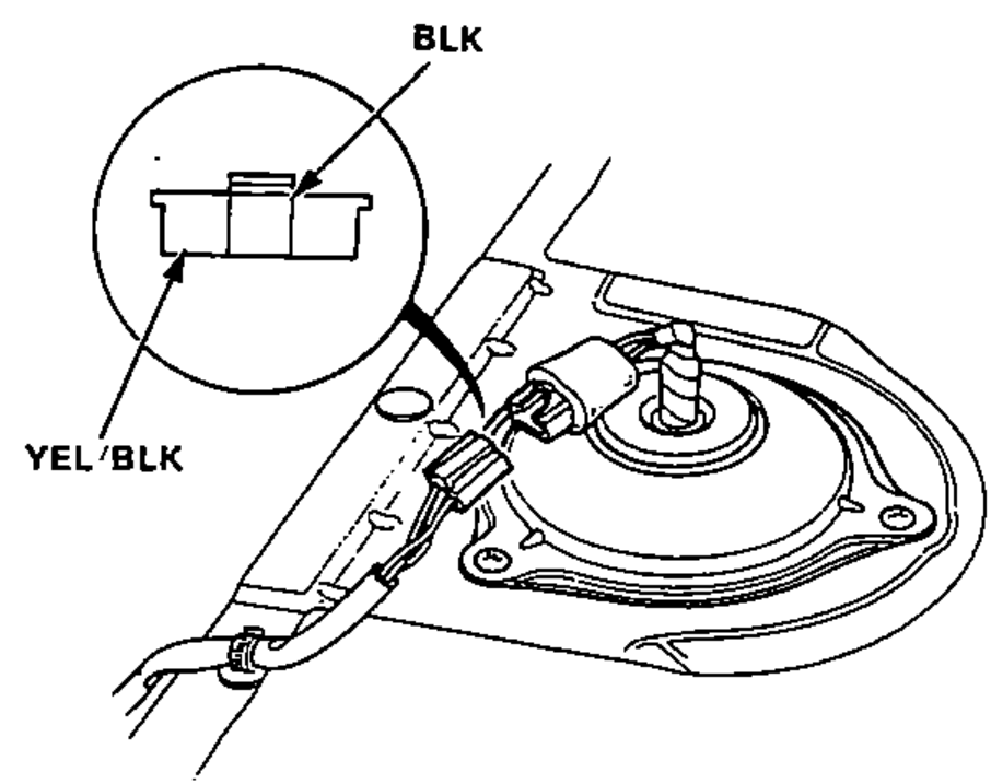 Illustration of the fuel pump under the rear seat with a magnified inset of the fuel pump connector terminals showing the BLK and YEL/BLK wires.