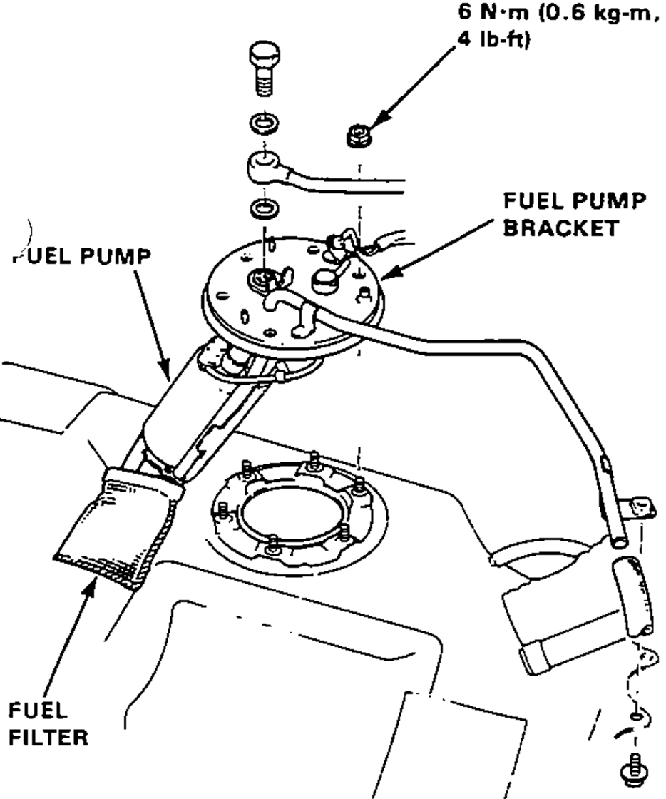 Exploded view of the fuel pump assembly removed from the fuel tank, showing the fuel pump, fuel pump bracket and fuel filter, with the mounting nut torque callout.
