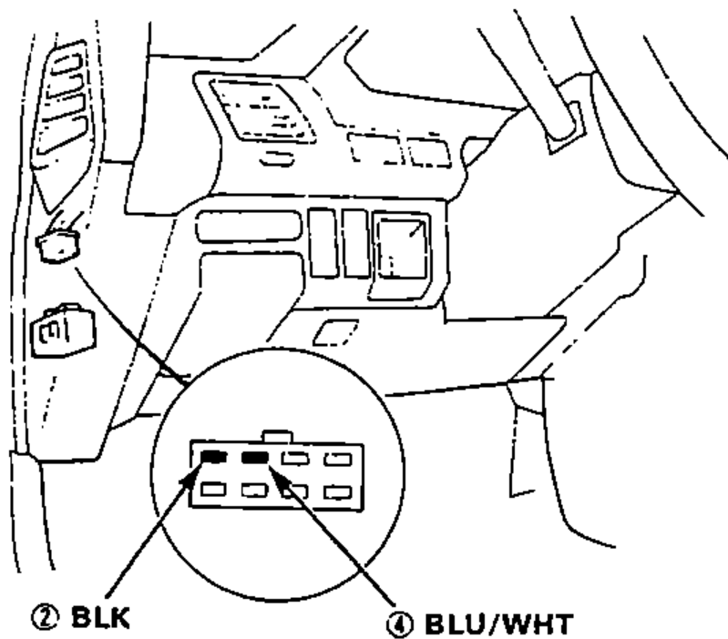 Under-dash illustration with a magnified inset of the main relay connector showing the BLK wire (terminal 2) and the BLU/WHT wire (terminal 4).