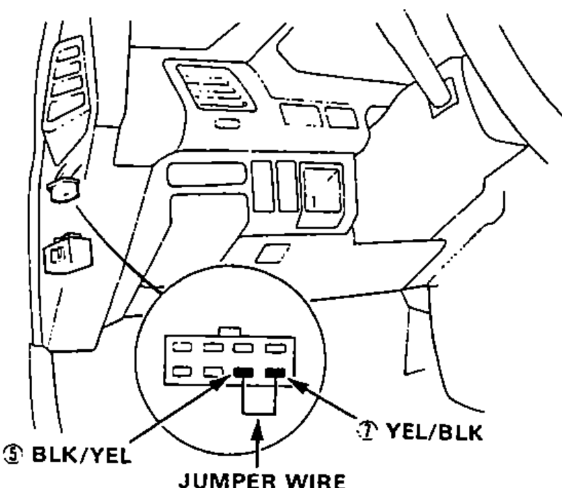 Under-dash illustration with a magnified inset of the main relay connector showing a jumper wire connecting the BLK/YEL wire (terminal 5) and the YEL/BLK wire (terminal 7).