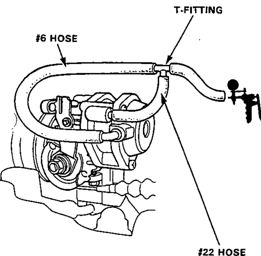 Engine compartment view showing the dashpot diaphragm hoses with a vacuum pump connected via a T-fitting. Used for inspection/adjustment step 3.
