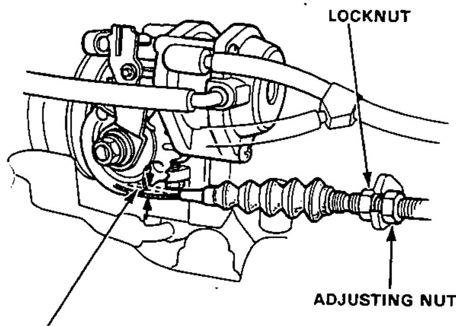 Throttle linkage showing the cable, locknut and adjusting nut for checking and setting cable free play deflection.