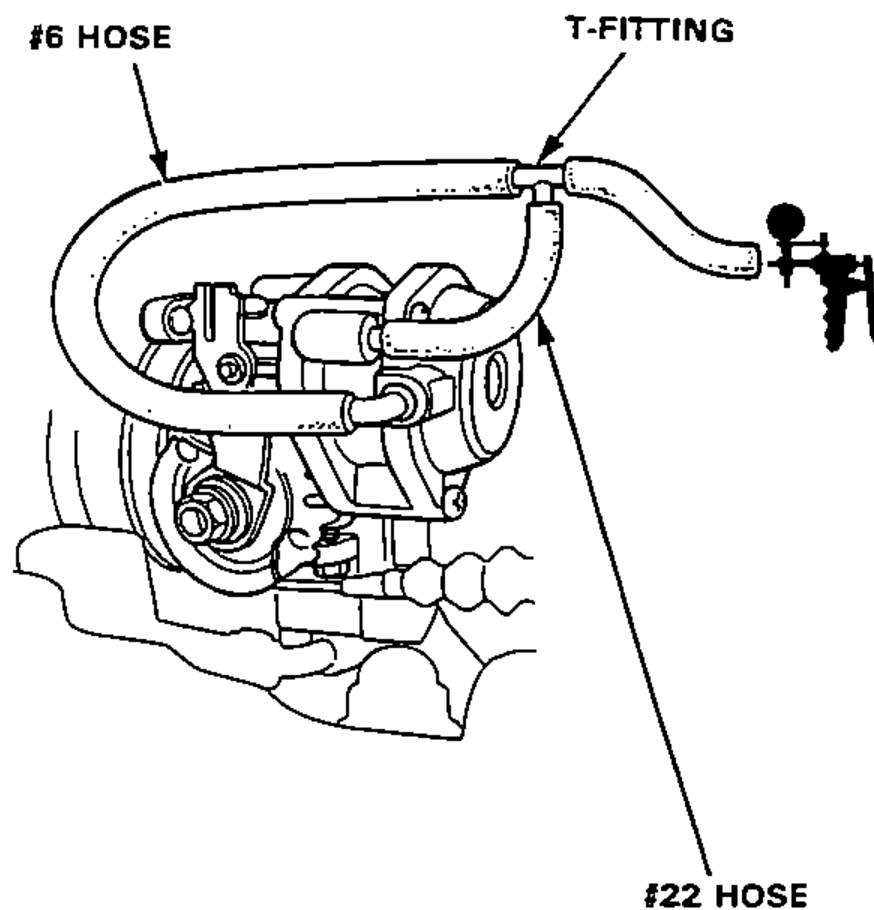 Engine compartment view (installation side) showing the dashpot diaphragm hoses with a vacuum pump connected via a T-fitting. Used for installation step 3.