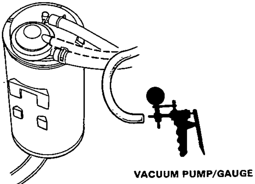 Charcoal canister with the #7 hose disconnected at the purge control diaphragm valve and a hand-held vacuum pump/gauge connected to the hose.
