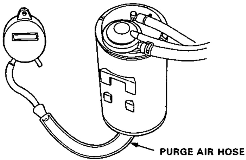 Charcoal canister with a vacuum/pressure gauge connected by hose to the canister purge air hose.