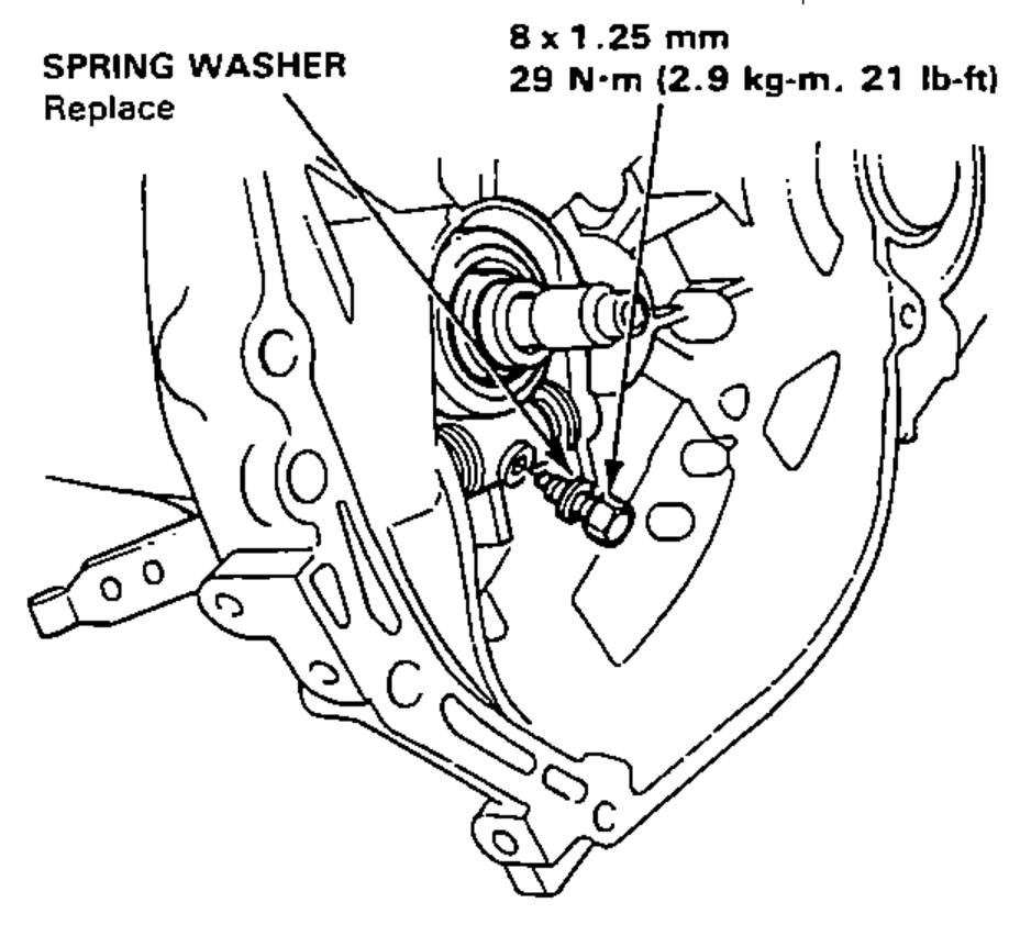 Release shaft and release arm aligned on the transmission case with a new spring washer and bolt installed; torque callout shown.