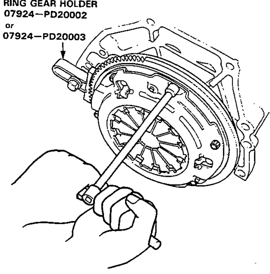 Unscrewing the pressure plate mounting bolts two turns at a time in a crisscross pattern with a 10 mm T-wrench while the Ring Gear Holder restrains the assembly.