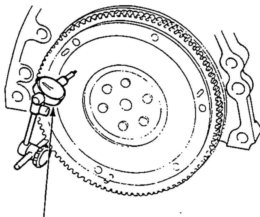 Flywheel mounted on the crankshaft with a dial indicator set up against its face to measure runout.