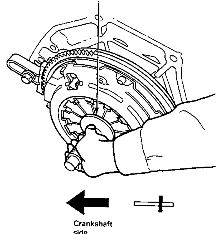 Clutch Disc Alignment Tool inserted into the splined hole of the clutch disc on the flywheel; an arrow labelled 'Crankshaft side' shows the insertion direction.