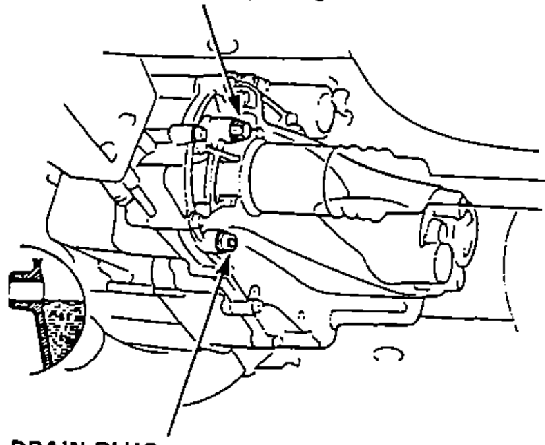 Underside view of the manual transaxle showing the oil filler plug (upper) and the drain plug (lower), with tightening-torque callouts.