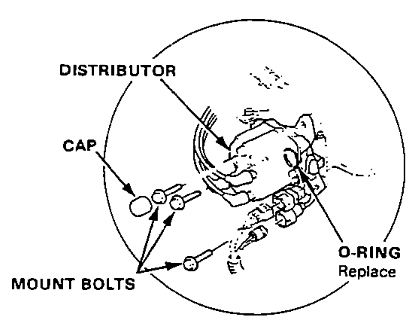 Detail of the distributor showing the cap, mount bolts and O-ring (to be replaced) at the cylinder head.