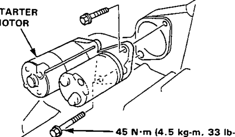 Starter motor with its attaching bolts, torque callout 45 N·m. Note to coat precision finished surfaces with clean engine oil or grease.