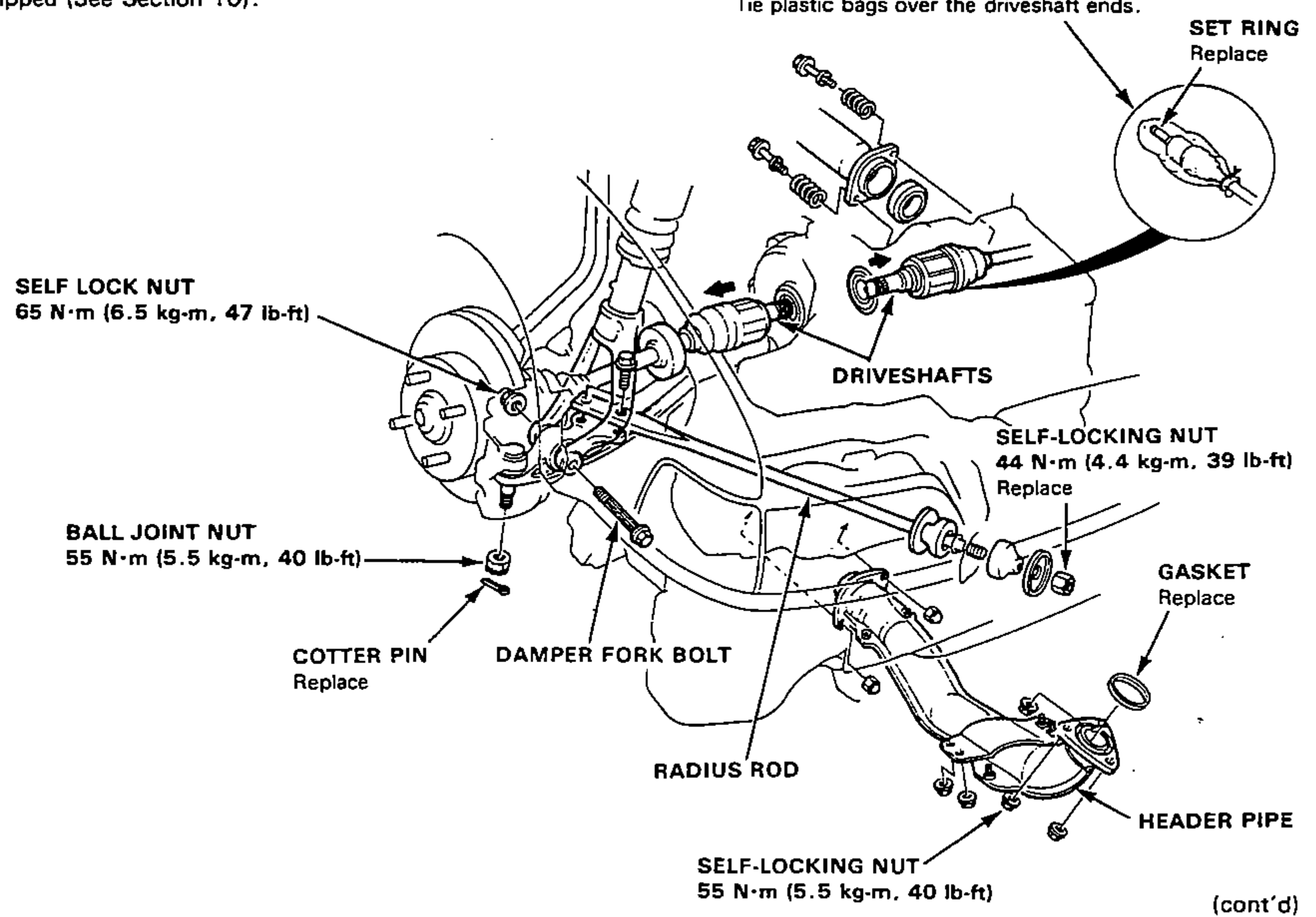 Front suspension / driveshaft area showing components removed for transmission removal: front hub with self lock nut, ball joint nut and cotter pin, damper fork bolt, radius rod with self-locking nuts, driveshafts with set ring, and header pipe with gasket. Torque callouts shown.
