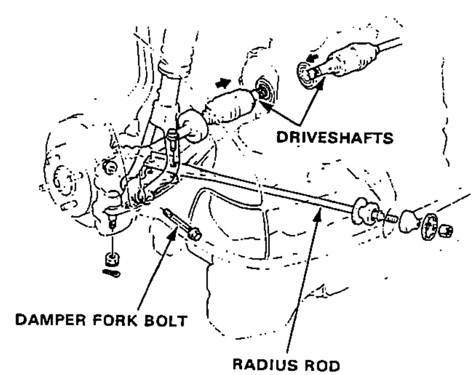 Front suspension / driveshaft area showing driveshaft installation with damper fork bolt and radius rod.