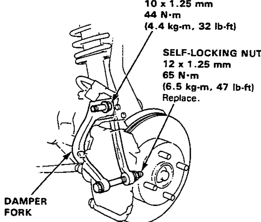 Front damper and knuckle assembly showing the damper fork being removed; torque callouts for the damper pinch bolt and the self-locking nut.