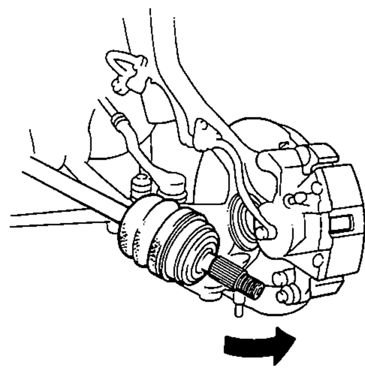 Knuckle pulled outward with the driveshaft outboard joint being separated from the knuckle; arrow shows the pull direction.