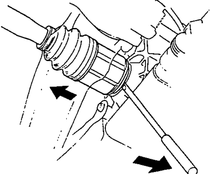 Prying the inboard CV joint out of the differential case with a screwdriver; arrows show the prying and pulling directions.