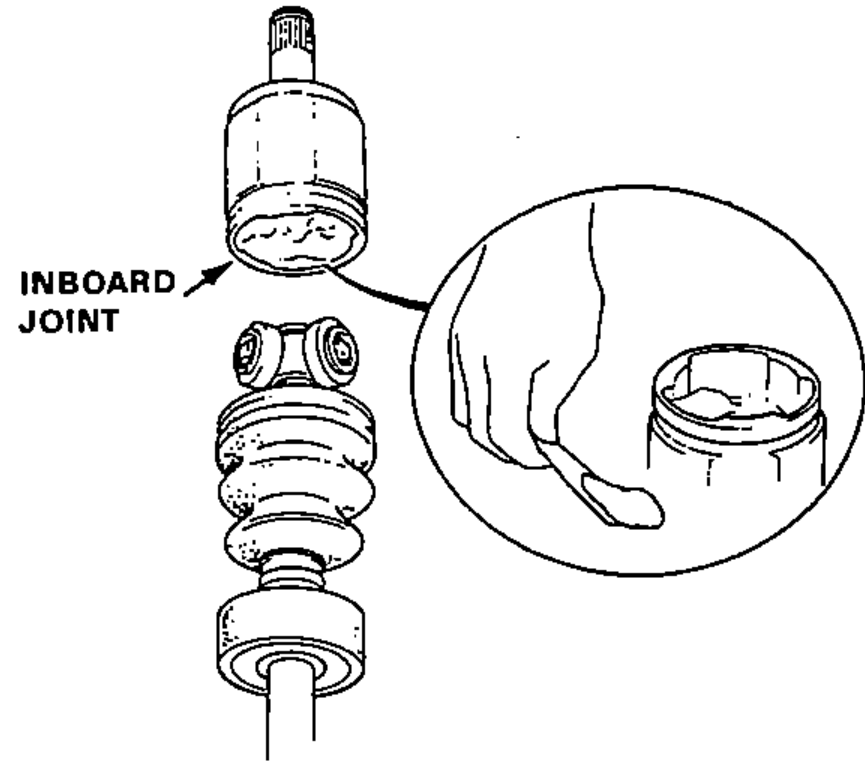 Inboard joint being fitted onto the driveshaft, held with the inboard joint pointing up; a hand inset shows the joint orientation.