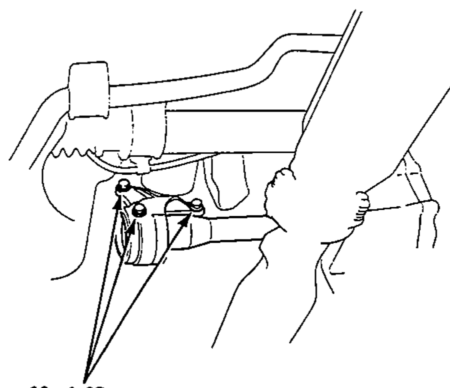 Underside view of the intermediate shaft bearing support attached near the transmission; three mounting bolts to be removed, with torque callout.