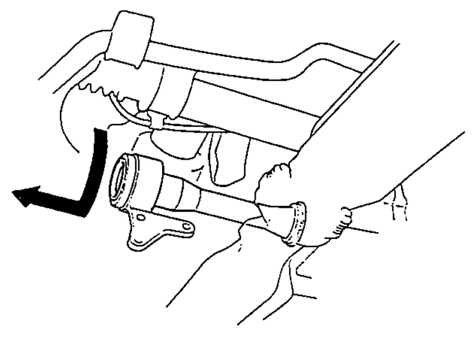 Lowering the bearing support and removing the intermediate shaft from the differential; arrow shows the shaft being pulled out horizontally.