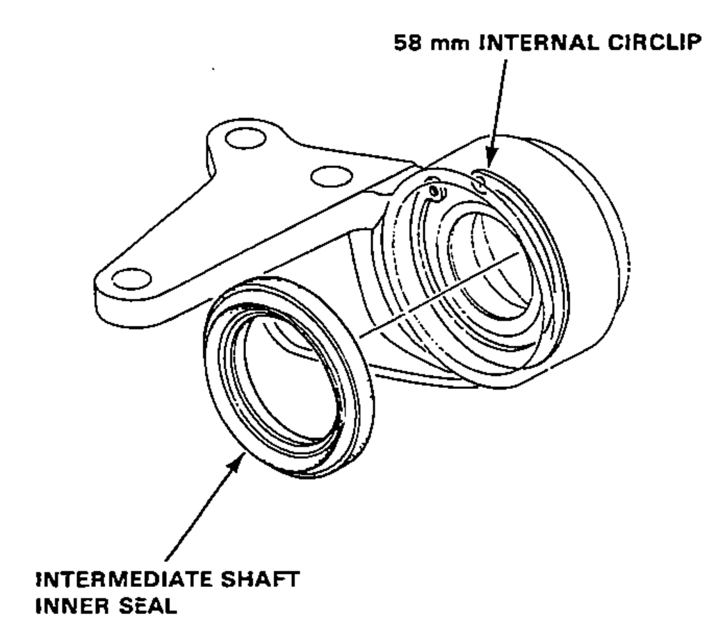 Intermediate shaft bearing support with the inner seal removed and the 58 mm internal circlip being taken out of the bore.