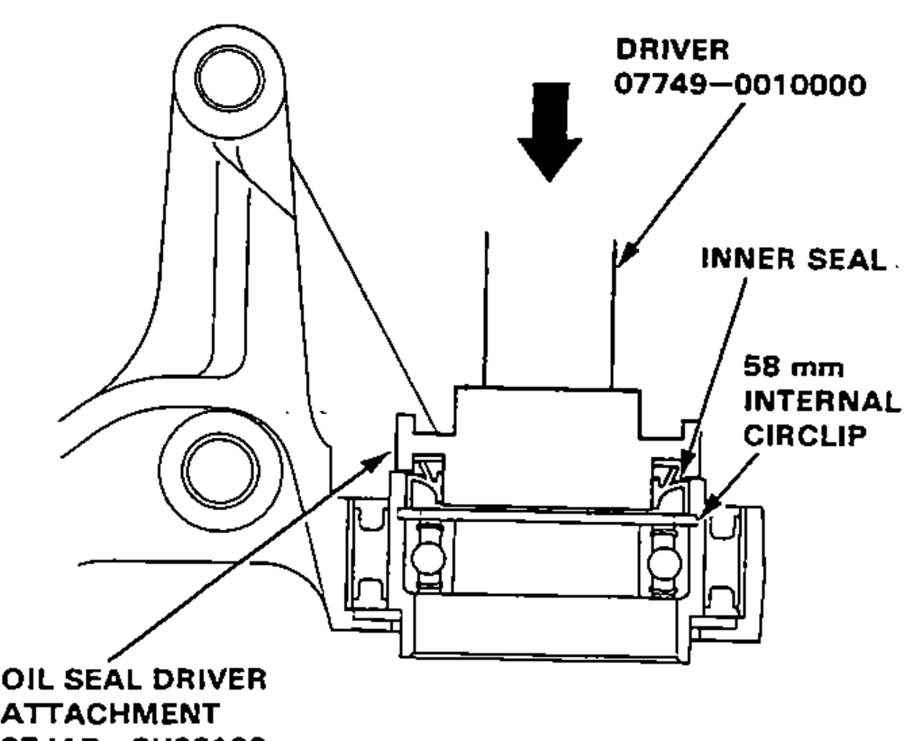 Pressing the intermediate shaft inner seal into the bearing support with the 58 mm internal circlip seated; driver and oil seal driver attachment used.