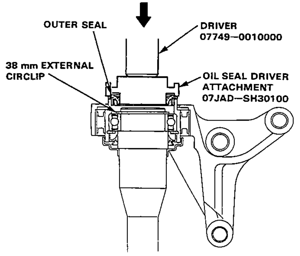 Pressing the outer seal into the bearing support with the 38 mm external circlip seated; driver and oil seal driver attachment used.