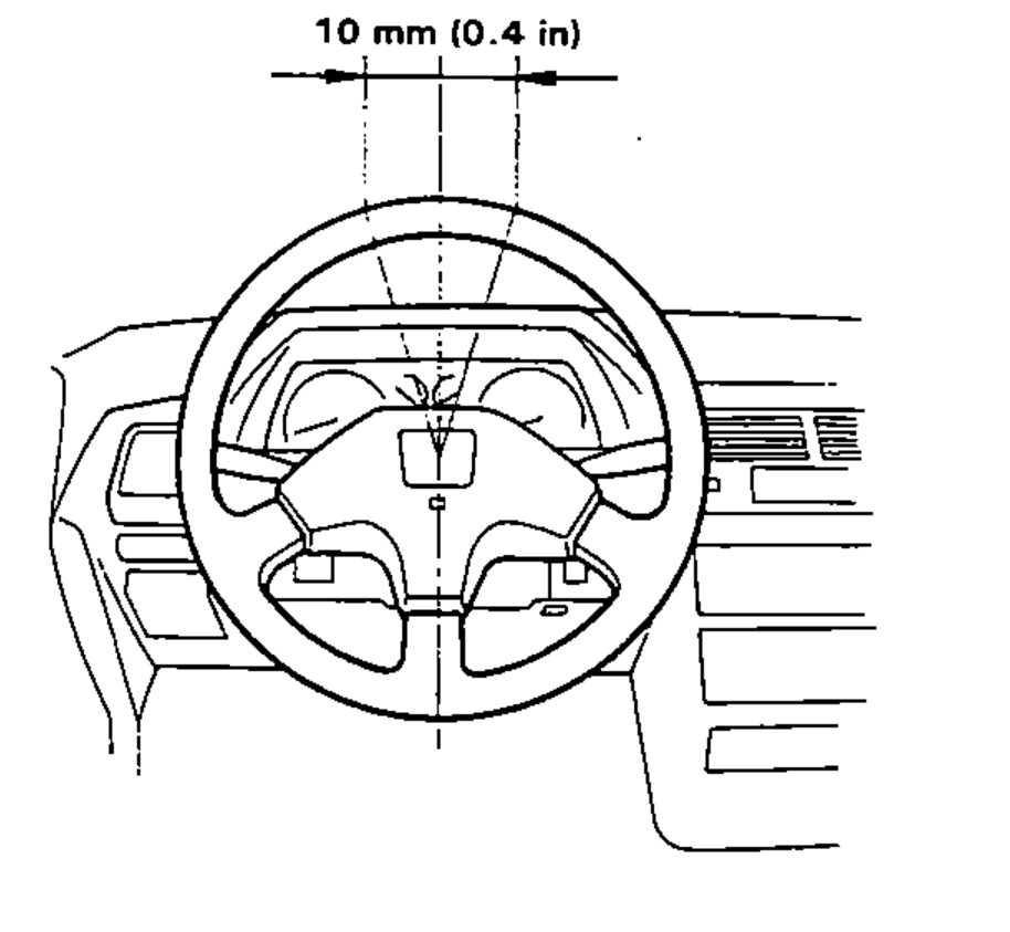 Front view of the steering wheel and dashboard showing the rotational free-play measurement at the wheel rim, dimensioned 10 mm (0.4 in).